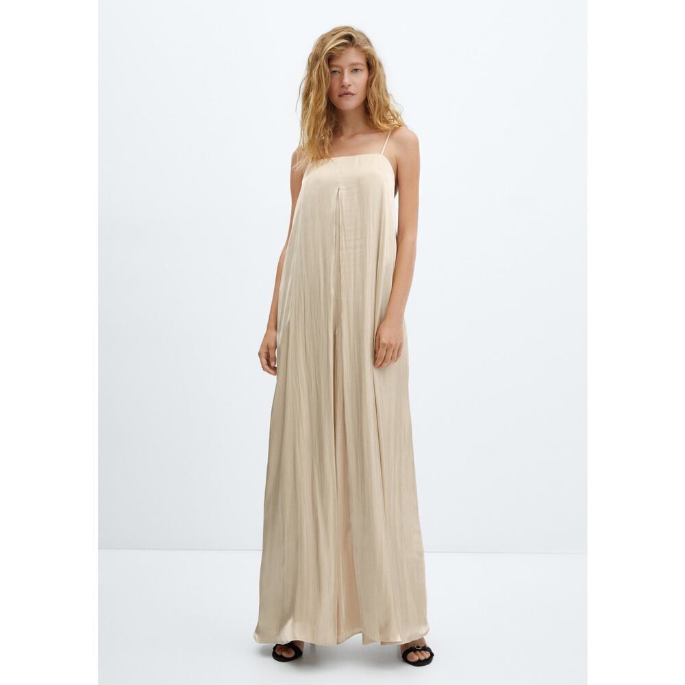 NWT MNG Mango Agatha SATIN-FINISH OVERALL Jumpsuit Beige Size Large Flowy Formal